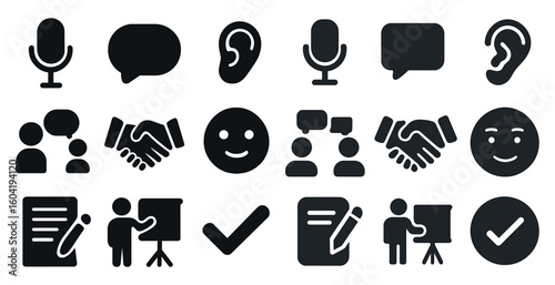 Communication and interaction solid icons set – ear, speech, user and dialogue symbols