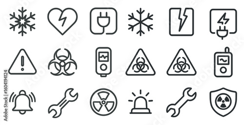 Safety and warning outline icons set – linear, alert, hazard notification designs