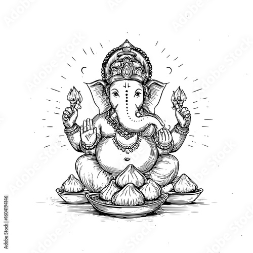 Illustration of lord ganesha sitting with modak offering in a detailed black and white drawing style art