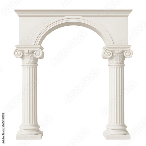 Elegant greek roman arch supported by two ionic white fluted columns classic architectural structure 3d render isolated on transparent background