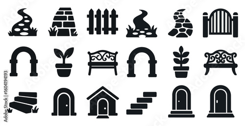 Garden and landscape solid icons set – silhouette, outline, outdoor decor elements