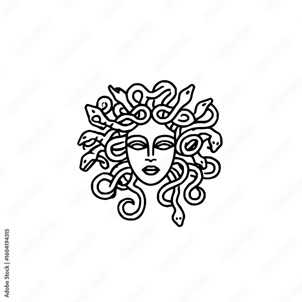 Illustration of medusa with snakes for hair in black outline against a white background simple design art Illustration of medusa with snakes for hair in black outline against a white background simple design art