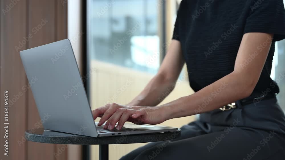 Businesswoman hand working digital marketing media in virtual screen with mobile phone and modern compute