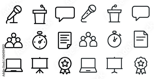 Communication and presentation line icons set – outline, speech, and meeting symbols