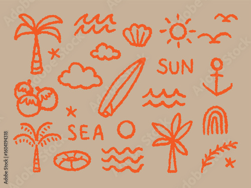 beach set drawing sun sea palm cloud wave shell clamp coconut banana starfish anchor 