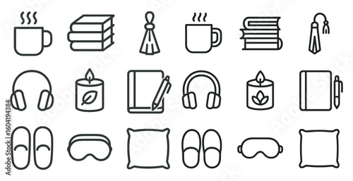 Relaxation and comfort outline icons set – linear, line, cozy and calm symbols