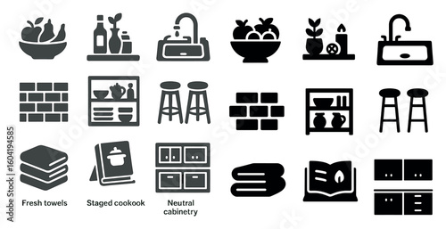 Home and kitchen filled icons set – solid, silhouette, dining and decor symbols