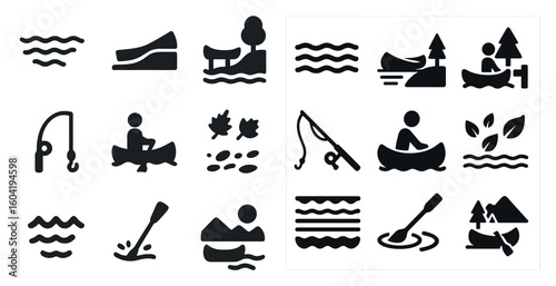 Fishing silhouette icons set – solid, paddle, outdoor recreation symbols