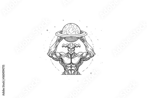 Detailed line art of a muscular humanoid figure holding a ringed planet above his head in a white space