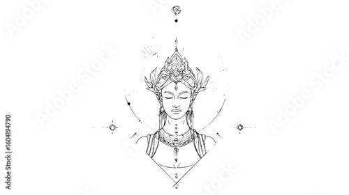 Illustration of an ethereal woman with ornate headdress and jewelry in a geometric frame design