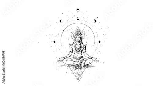Illustration of a woman in a meditative pose surrounded by celestial elements and geometric shapes art