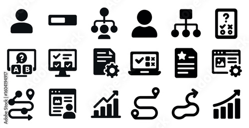 Business and analytics icons set – flat, solid, data and strategy symbols