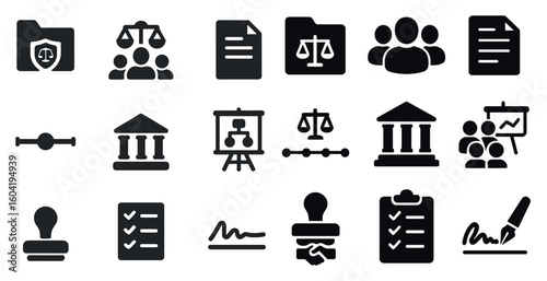 Legal and law solid icons set – filled, justice, attorney and court symbols