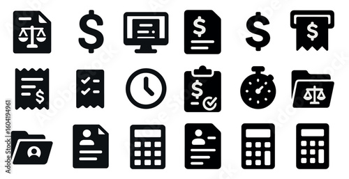 Finance and accounting solid icons set – includes budgeting, tax, business symbols