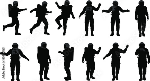 Astronaut silhouette collection, space explorer vector, black spaceman icons, astronaut in spacesuit clipart set, cosmic space travel figures.