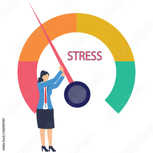 Flat illustration of businesswoman pull meter down reducing risk level red alert to green reduce stress decrease anxiety or danger indicator stock illustration