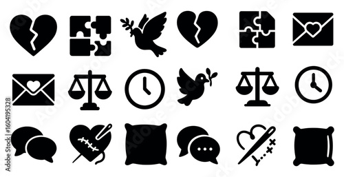 Heart and relationships filled icons set - love, communication, romantic symbols