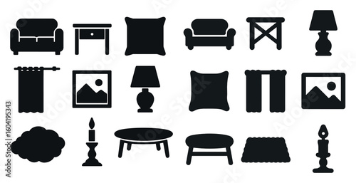 Home furniture solid icons set – filled, interior, decor essentials