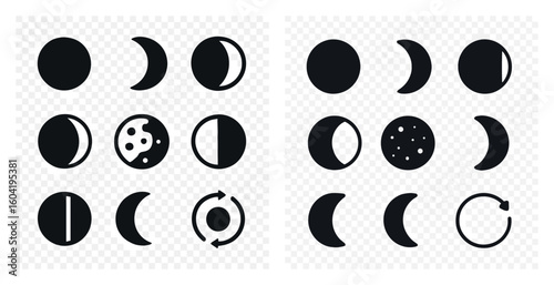Moon phases silhouette icons set – filled, lunar and celestial graphics