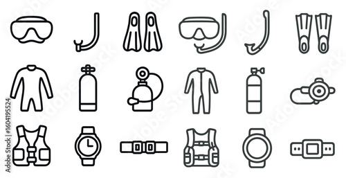 Scuba diving line icons set – outline, snorkeling, underwater adventure symbols