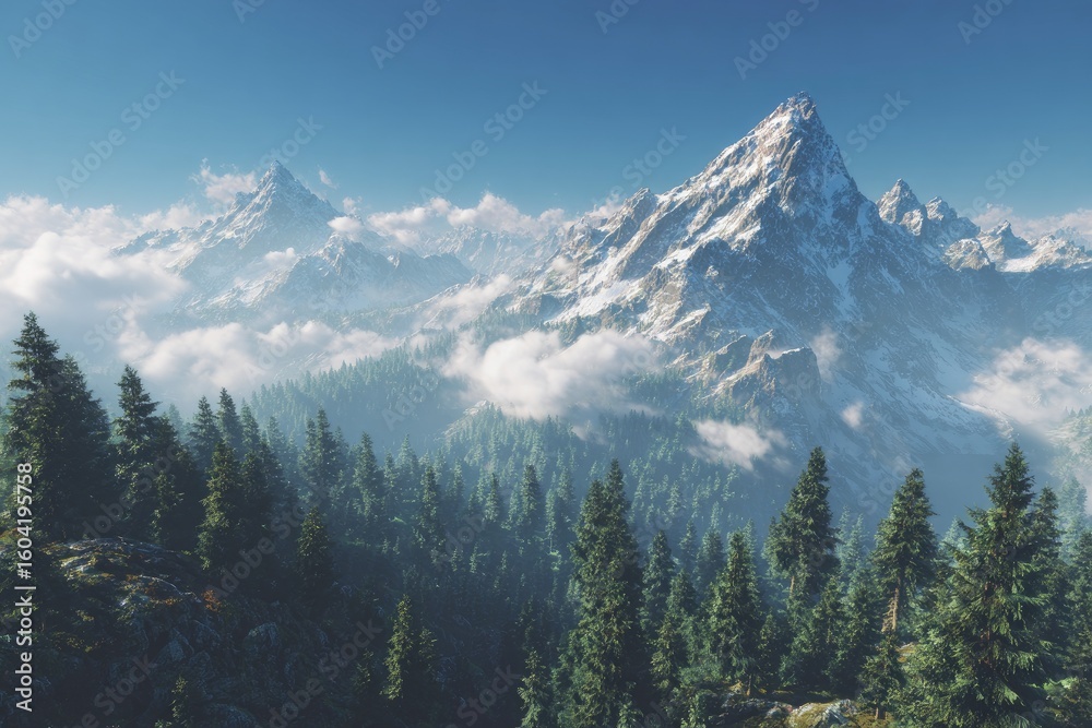Fototapeta premium Snow-capped peaks rise above a misty, forested valley