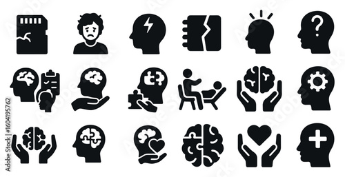 Mental health solid icons set – silhouette, filled, wellness and therapy symbols