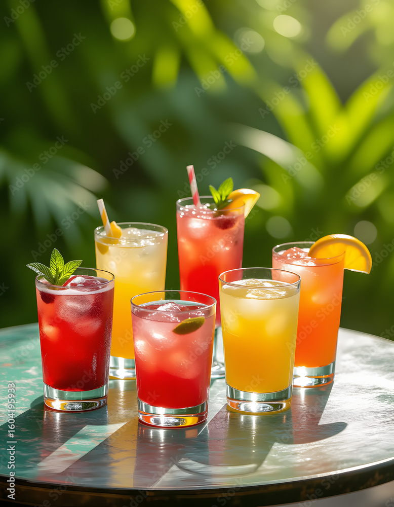 Fototapeta premium Refreshing Assortment of Colorful Cocktail Drinks on a Table Outdoors Beverage