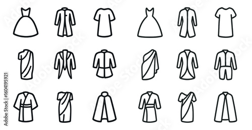 Fashion and apparel outline icons set – line, clothing, wardrobe essentials symbols