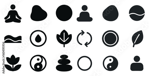 Zen and meditation solid icons set – filled, relaxation, mindfulness symbols