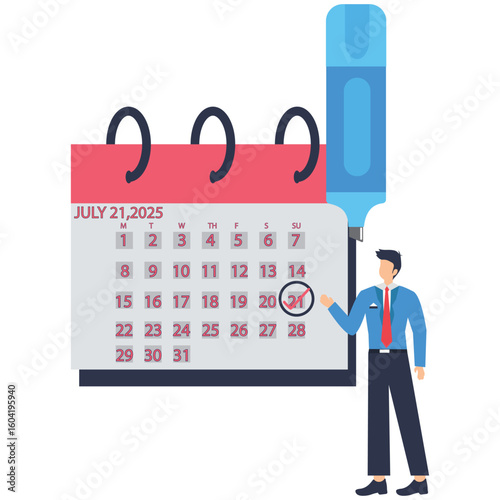 Flat illustration of businessman circle important date on calendar with highlighter marker event reminder appointment work deadline meeting schedule stock illustration