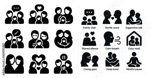 Family and relationships solid icons set – filled, silhouette, bonding and connection symbols