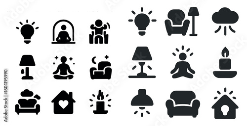Home and relaxation silhouette icons set – meditation, cozy, interior symbols