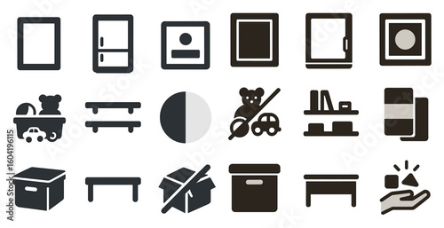 Home organization solid icons set – filled, storage, decluttering symbols