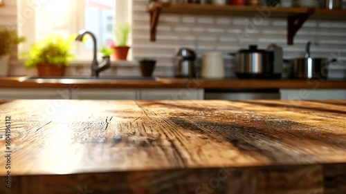 Rustic Kitchen Backdrop with Wooden Tabletop and Blurred Background in Cozy Home Ambience