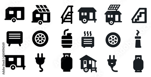 Camping and outdoor solid icons set – filled, caravan, adventure symbols