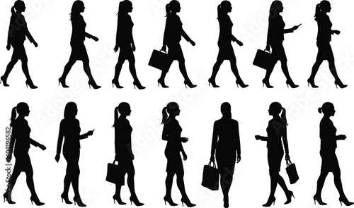 Businesswoman walking silhouette collection, female figures with handbags, phones, heels, casual and formal poses, office woman vector set.