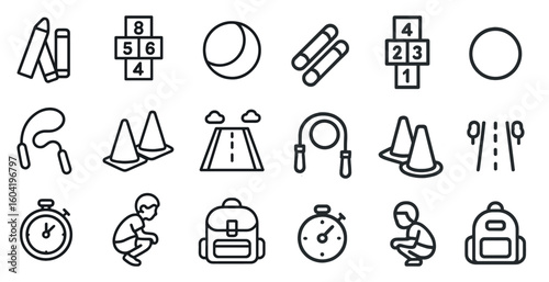 Fitness and exercise outline icons set – linear, gym, workout symbols