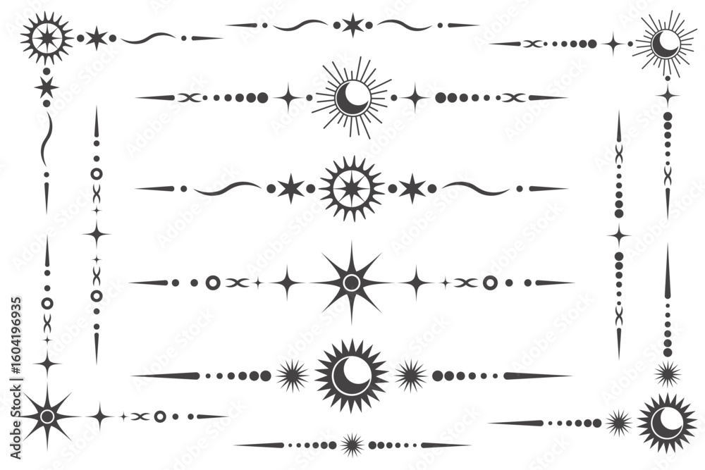 Naklejka premium Celestial vector border with magic stars. Mystic ornament with moon and astrology elements. Decorative divider with isoteric symbols.