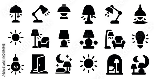 Home lighting silhouette icons set – solid, filled, lamps and interior decor symbols
