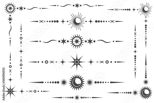 Celestial vector border with magic stars. Mystic ornament with moon and astrology elements. Decorative divider with isoteric symbols.