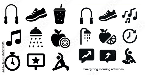 Fitness and wellness solid icons set – filled, workout and activity symbols