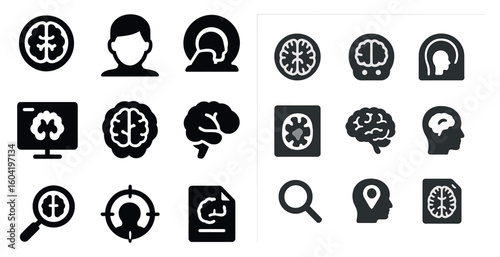 Brain health solid icons set – neuroscience, cognition, mental wellness symbols