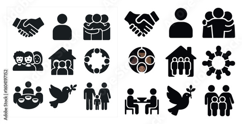 Business and community solid icons set – silhouette, filled team symbols