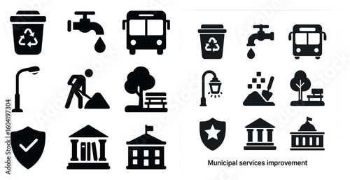 Municipal and public solid icons set – filled, city, urban service symbols