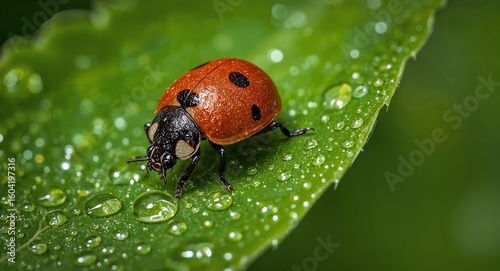 A close up of a ladybug on a green leaf covered in water droplets on a blurred green background