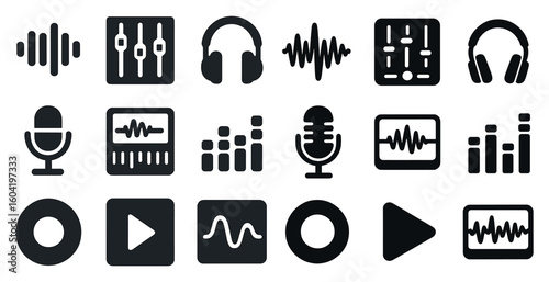 Music and audio filled icons set – solid, sound, recording tools collection