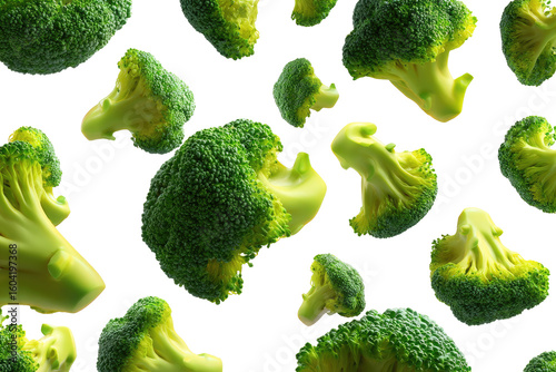 Broccoli florets scattered on black background