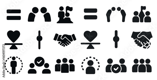 Team building silhouette icons set – collaborative, group, unity symbols