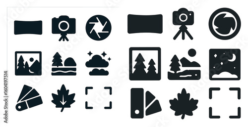 Photography silhouette icons set – solid, filled, camera and landscape symbols