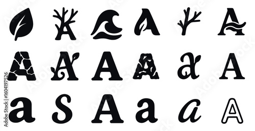 Nature and alphabet silhouette icons set – organic, natural, eco-friendly symbols